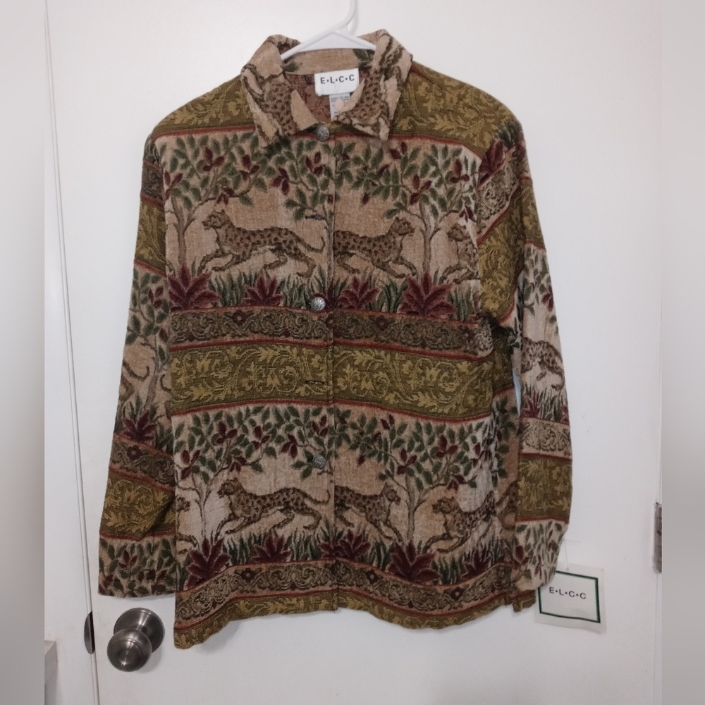 VINTAGE E.I.C.C WOMEN'S BUTTON UP CHEETAH DESIGN TAPESTRY SHACKET SM NEW